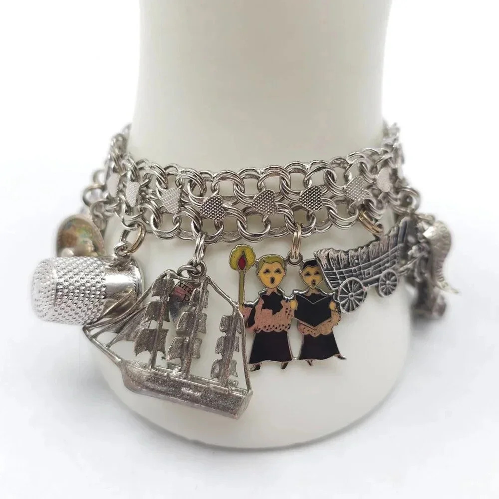 Vintage Sterling Silver Charm Bracelet Huge Travel Collection Rare 1950s 60s MCM
